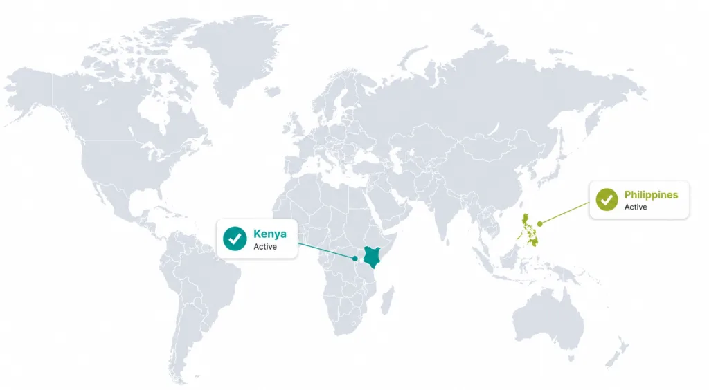World map showing the Thousand Young Entrepreneurs program's active countries, Kenya and the Philippines